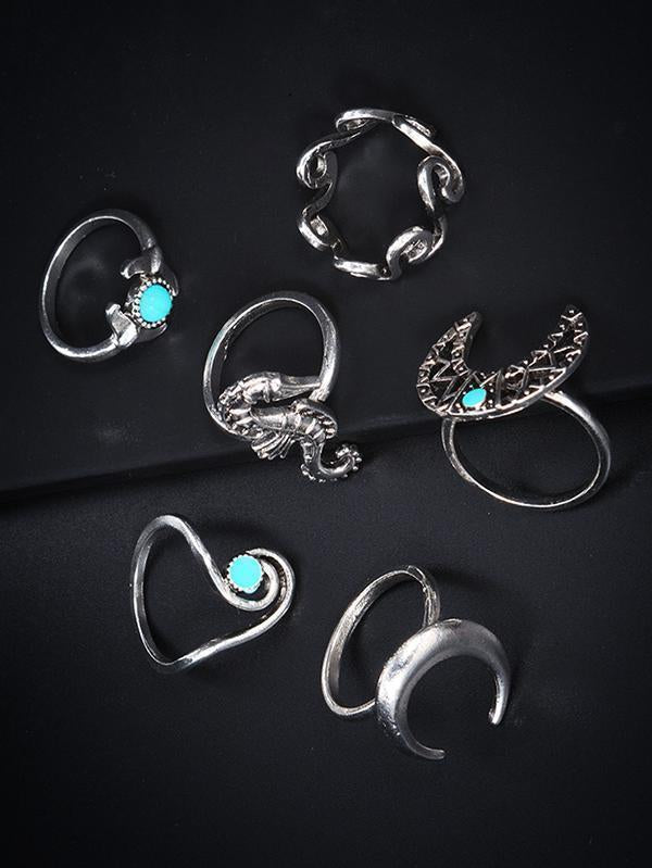 Vintage Sea Horse 6Pcs Turquoise Rings Sets