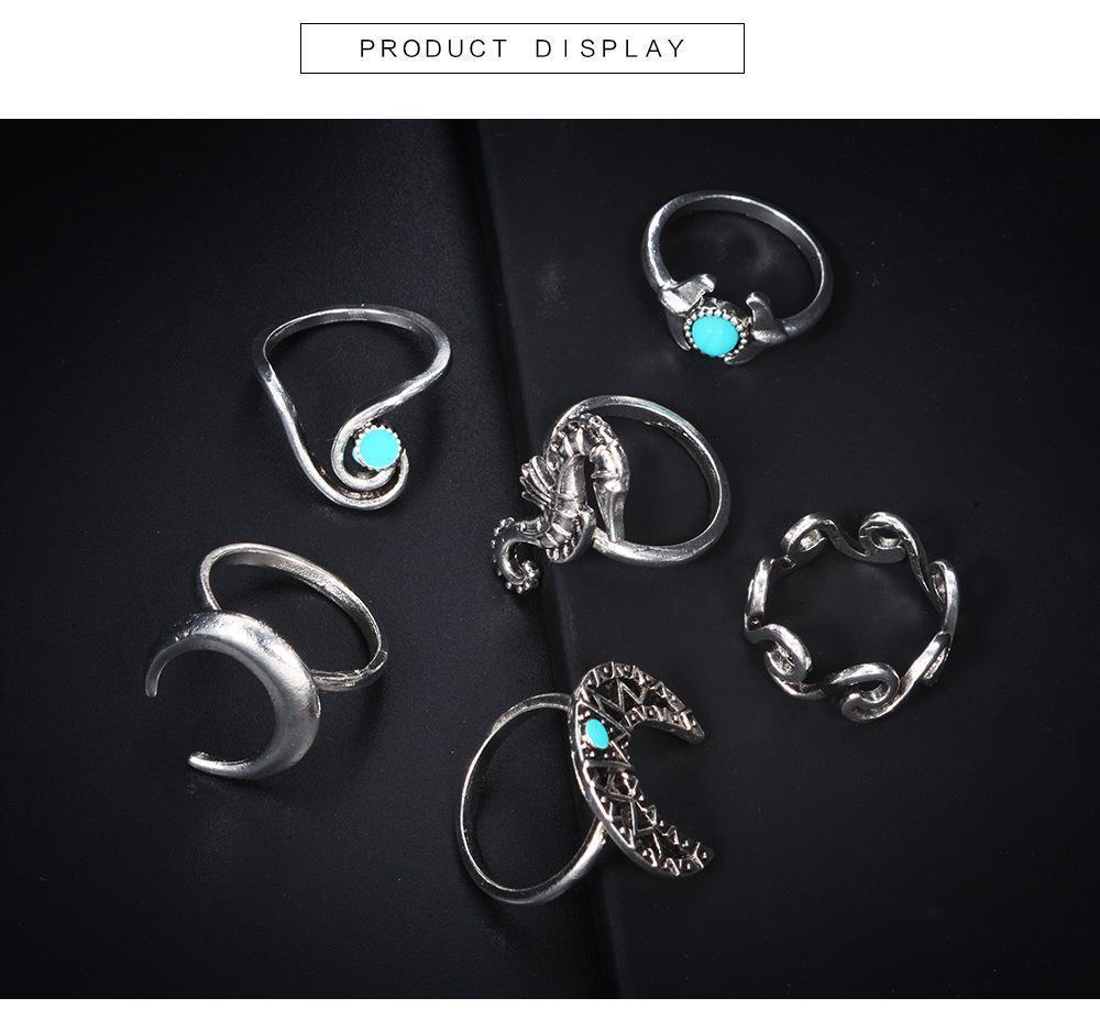 Vintage Sea Horse 6Pcs Turquoise Rings Sets