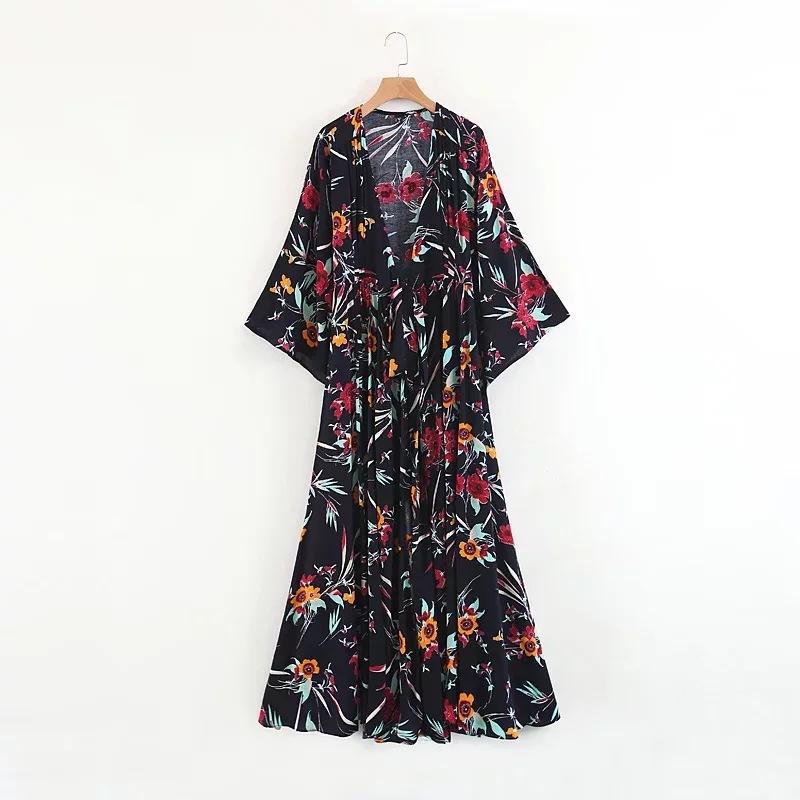 Bohemian Kimono Holiday Beach Floral  Vintage Gypsy Folk Maxi Long Dress