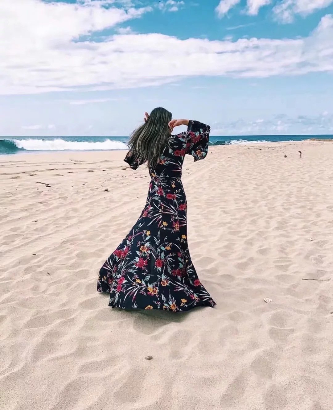 Bohemian Kimono Holiday Beach Floral  Vintage Gypsy Folk Maxi Long Dress