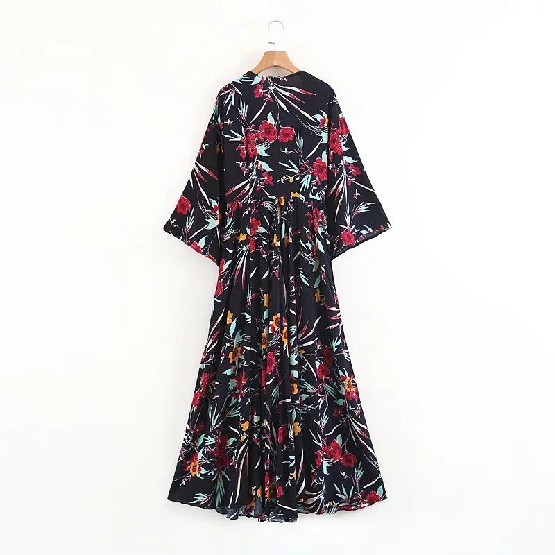 Bohemian Kimono Holiday Beach Floral  Vintage Gypsy Folk Maxi Long Dress