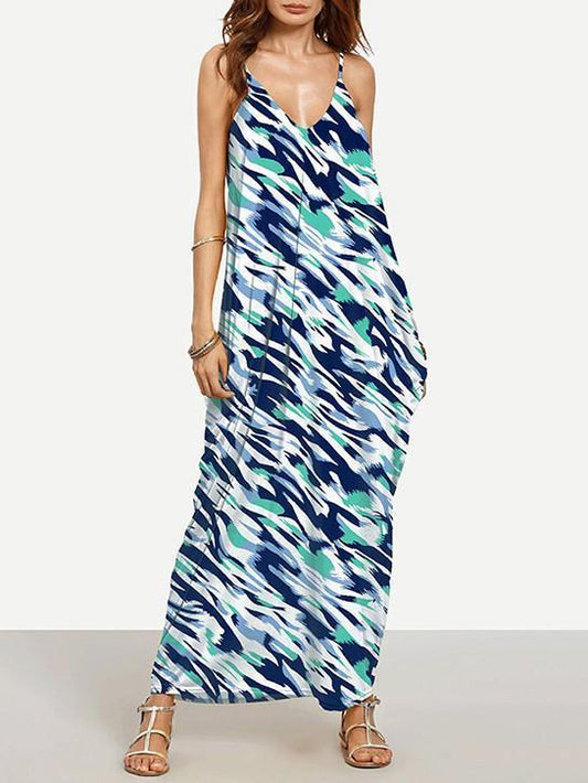 Unique Bohemia Spaghetti Straps V Neck Maxi Dress