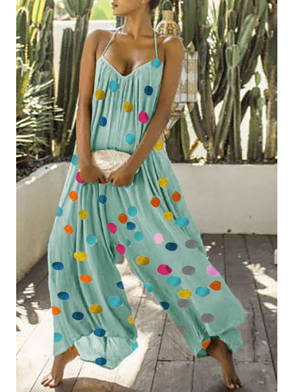 Tie Collar Polka Dot Jumpsuits