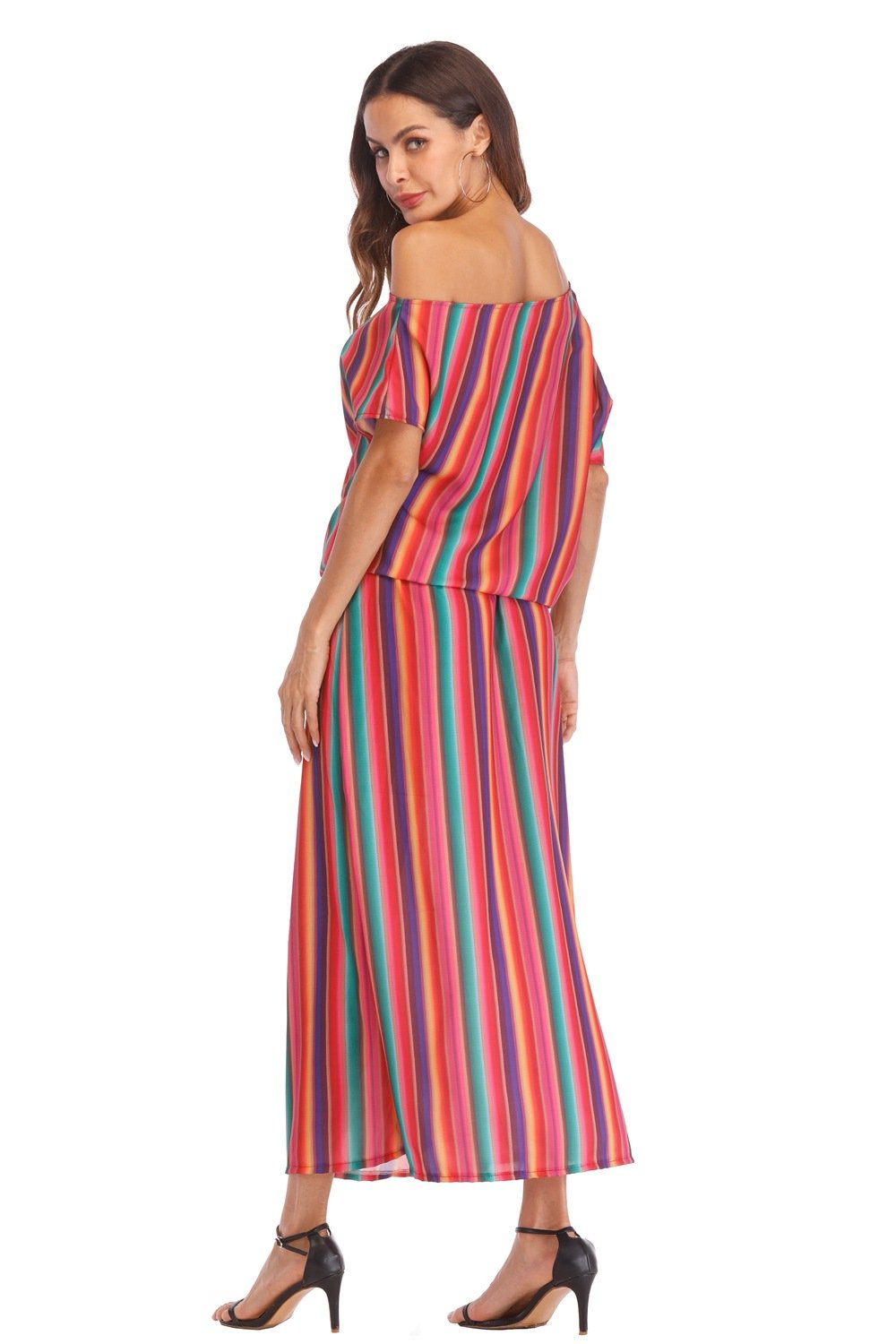 Large Size Off Shoulder Loose Rainbow Stripe Bohemian Dress