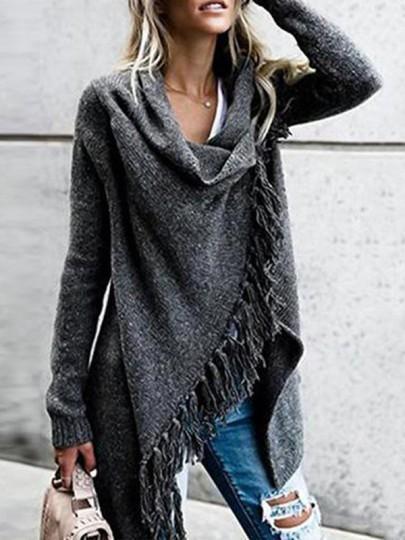 Knit Long Sleeve Tassel Irregular Sweater