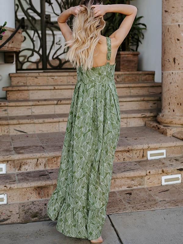 Floral Green Spaghetti-Strap V-Neck Leaves Maxi Dress