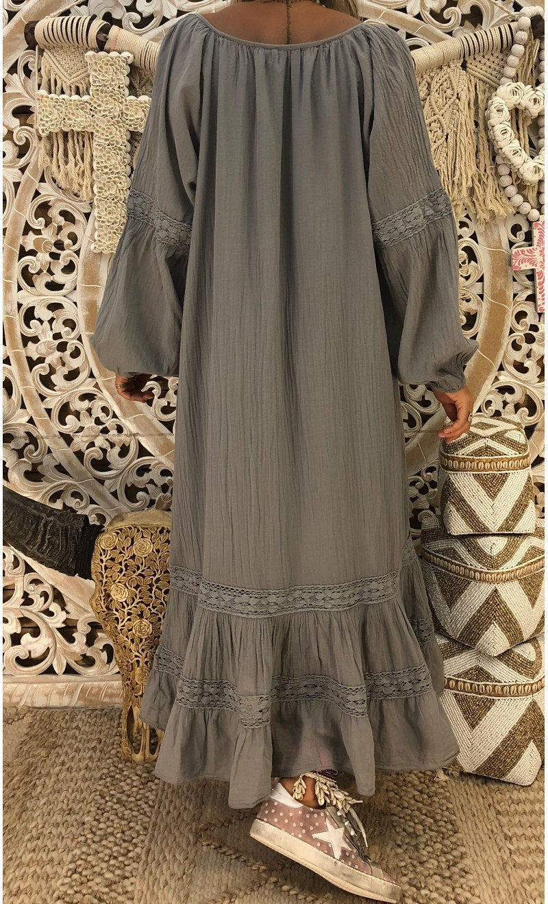 Solid Color Long Sleeve Loose Casual Long Maxi Dress