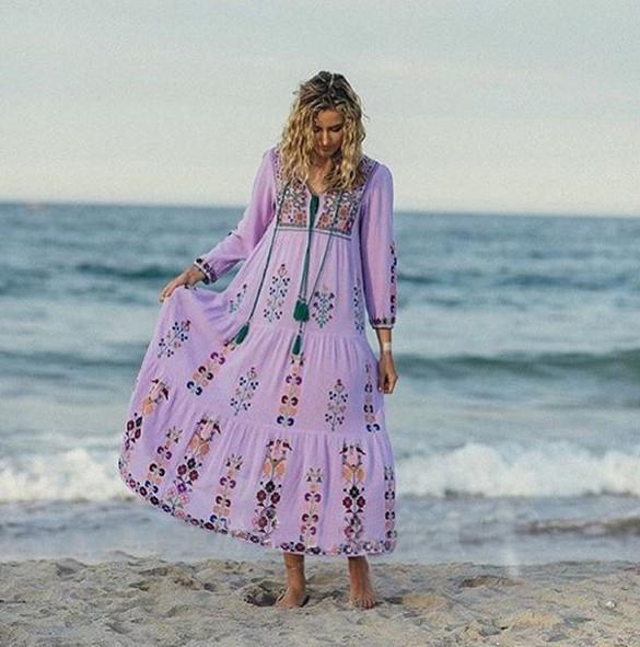 Print Long Sleeve Embroidered Bohemia Beach Maxi Dress