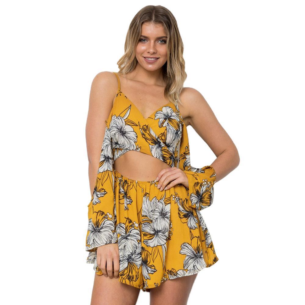 Sexy Printed Spaghetti Strap High Waist Chiffon Rompers