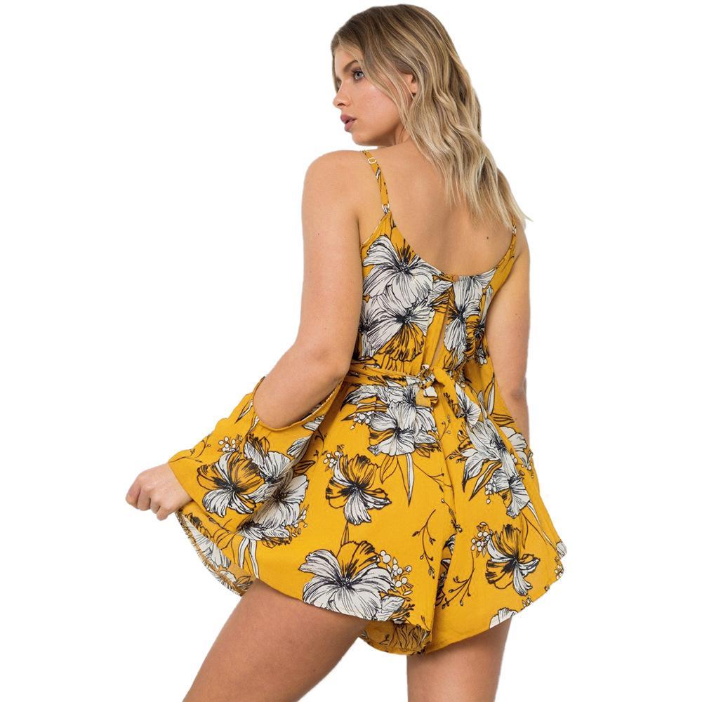 Sexy Printed Spaghetti Strap High Waist Chiffon Rompers