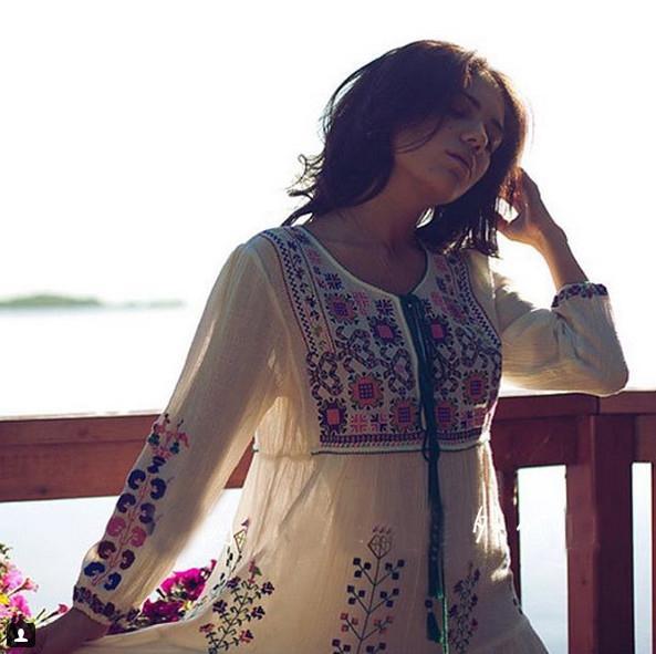 Print Long Sleeve Embroidered Bohemia Beach Maxi Dress