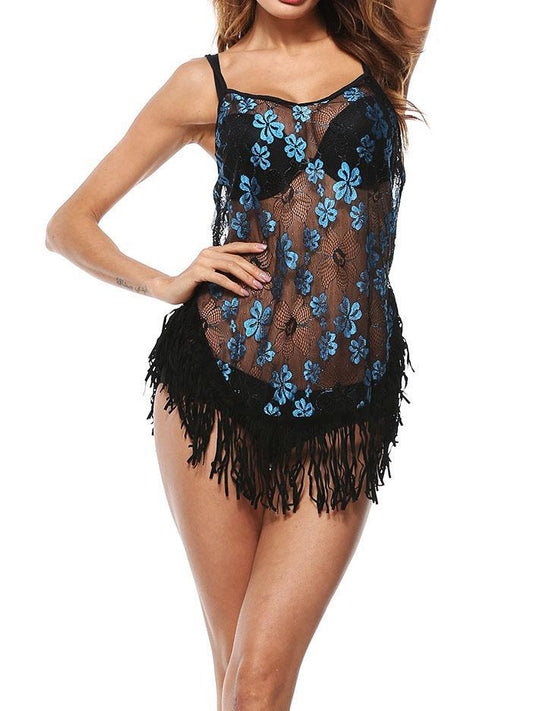 Sexy See Through Spaghetti Strap Tassel Lace Splice Beach Bikini Cover Up