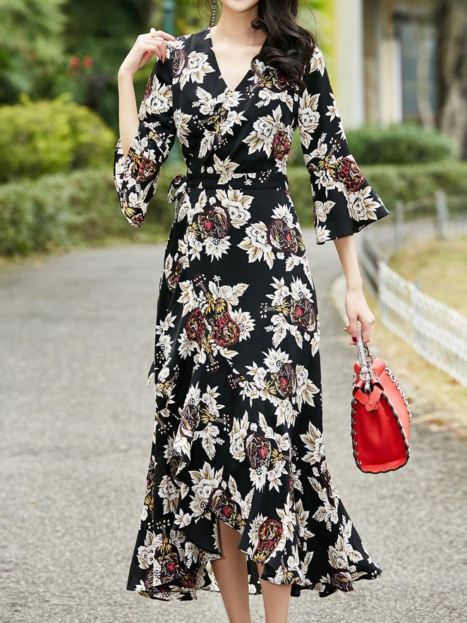 2018 New Printed V Neck Half Sleeve Maxi Dress