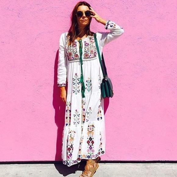 Print Long Sleeve Embroidered Bohemia Beach Maxi Dress