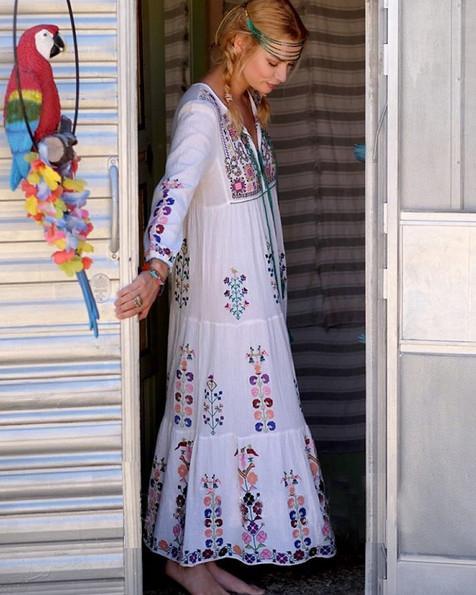 Print Long Sleeve Embroidered Bohemia Beach Maxi Dress