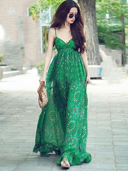 Green Chiffon Floral-Print Straps V Neck Bohemian Beach Maxi Dress