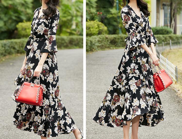 2018 New Printed V Neck Half Sleeve Maxi Dress