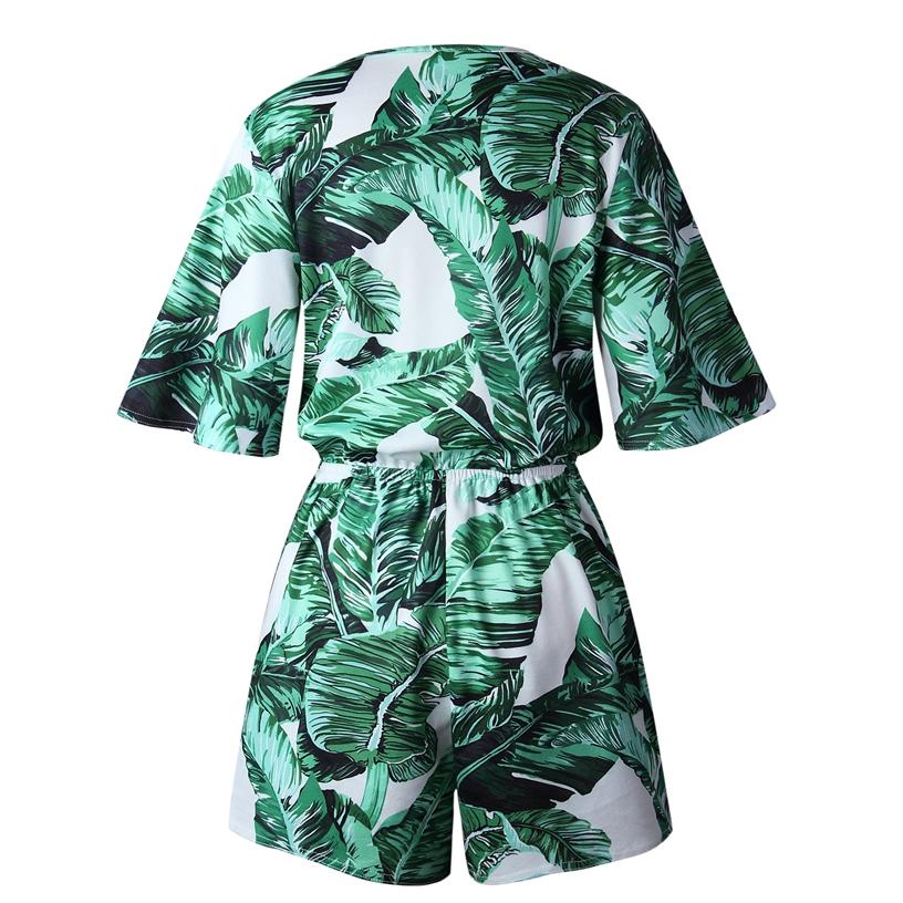 Green Leaves Tropical Floral Sleeves Fringes Bohemia Jumpsuit