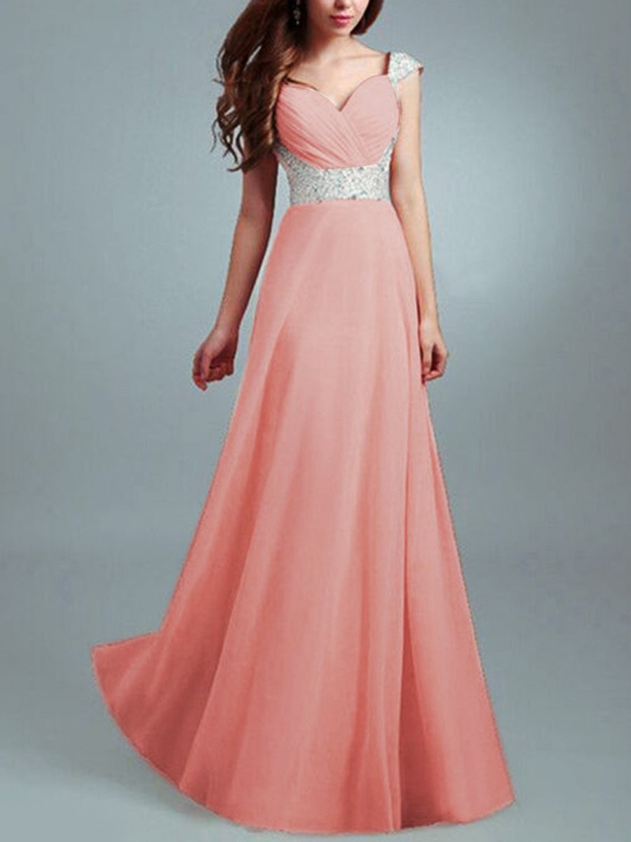 Sweet Heart Sequin Pleated Bodice Chiffon Evening Dress