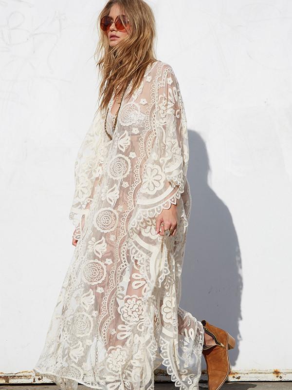 Fashion Sexy Mesh Lace V Neck Beach Maxi Dress