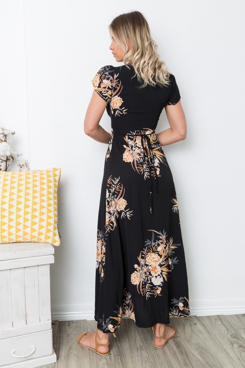 Print V Neck Short Sleeve Split Maxi Dress