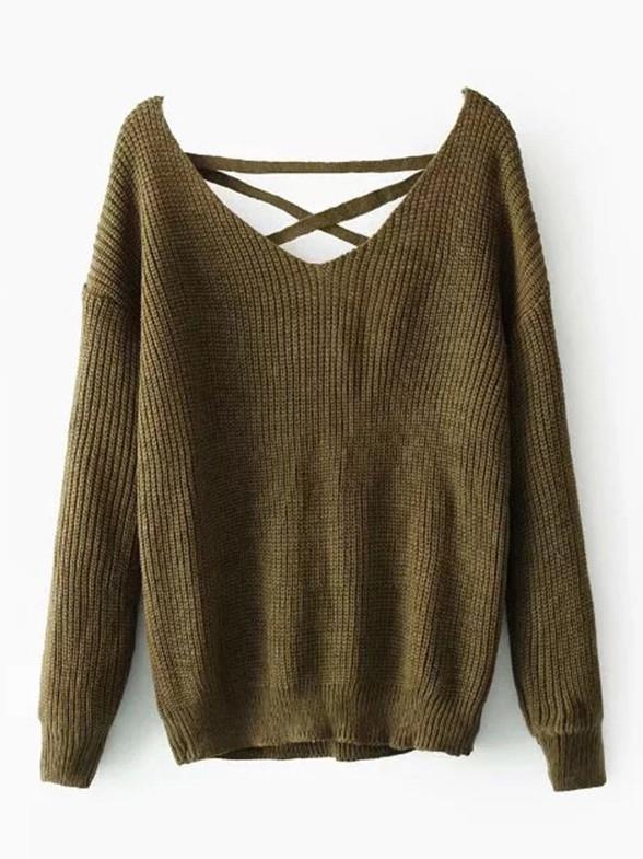 Fashion Solid Color V-neck Halterback Bandage Sweater Tops