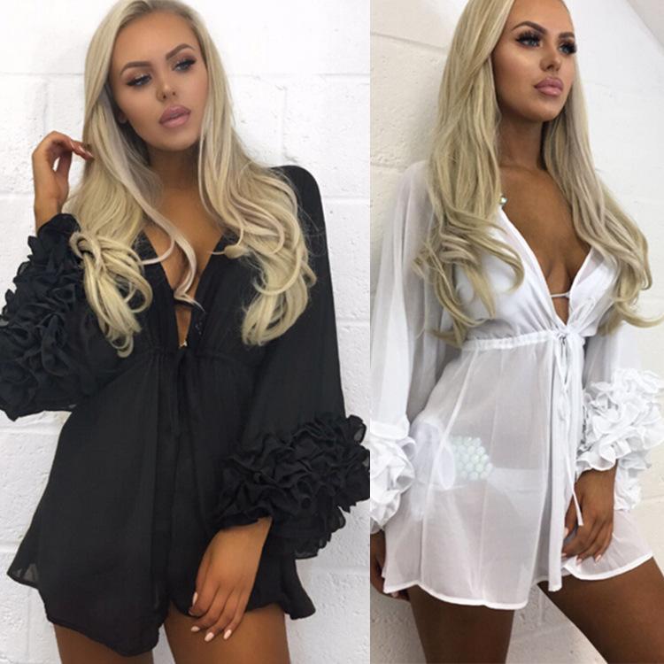 Sexy Long Sleeve Solid Color Swimwear Bikini Cover Up