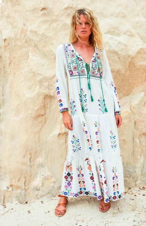 Print Long Sleeve Embroidered Bohemia Beach Maxi Dress