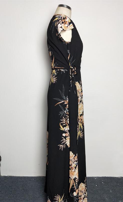 Print V Neck Short Sleeve Split Maxi Dress