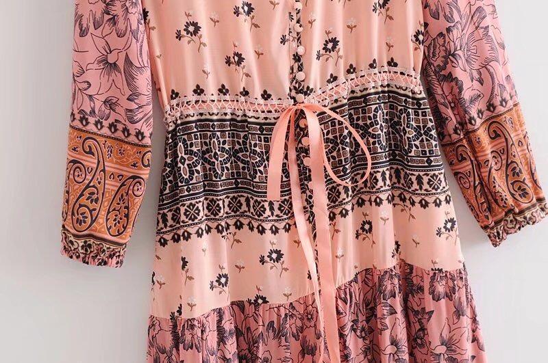 Pink Printed Wavy Ribbon Hollow Big Skirt Holiday Dress