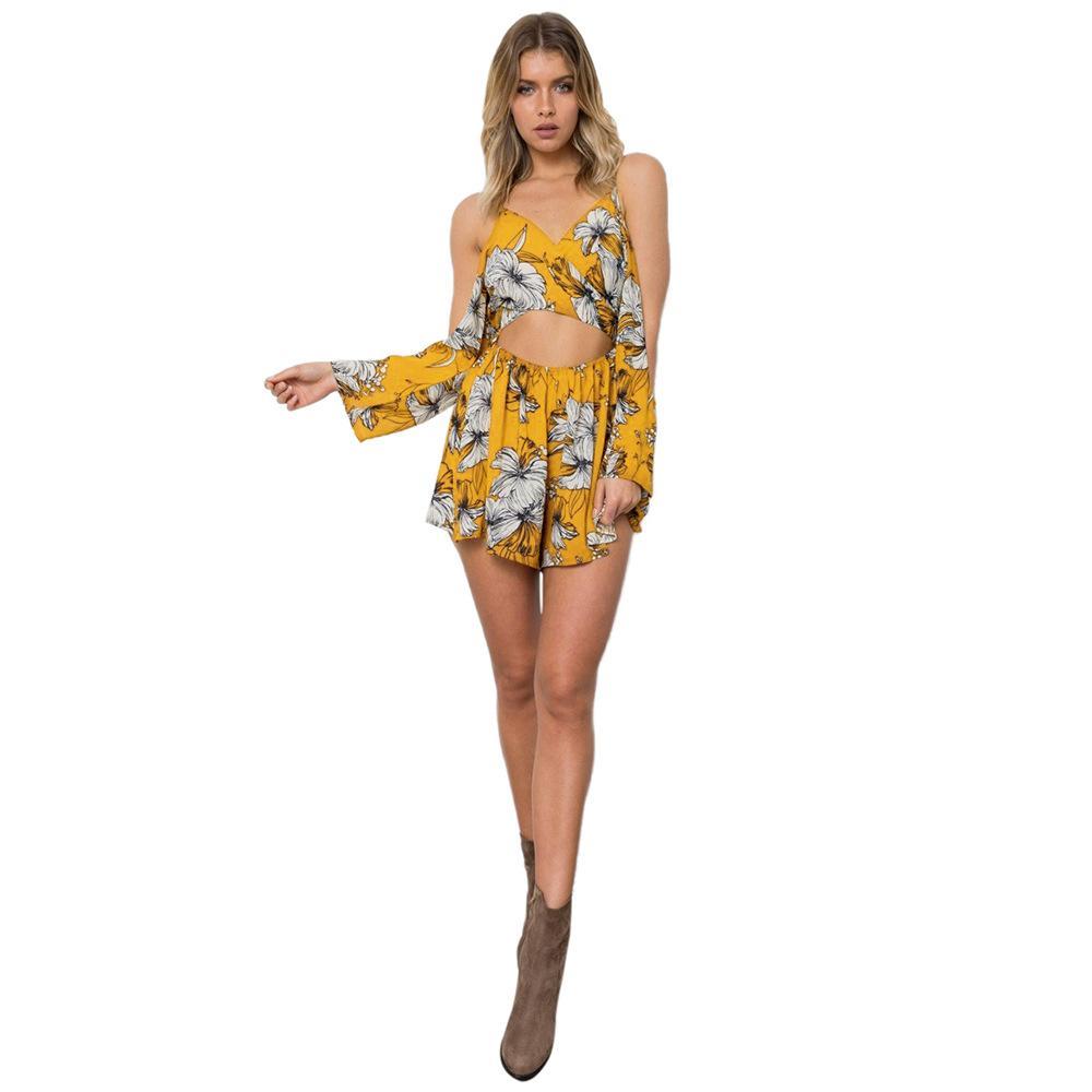 Sexy Printed Spaghetti Strap High Waist Chiffon Rompers