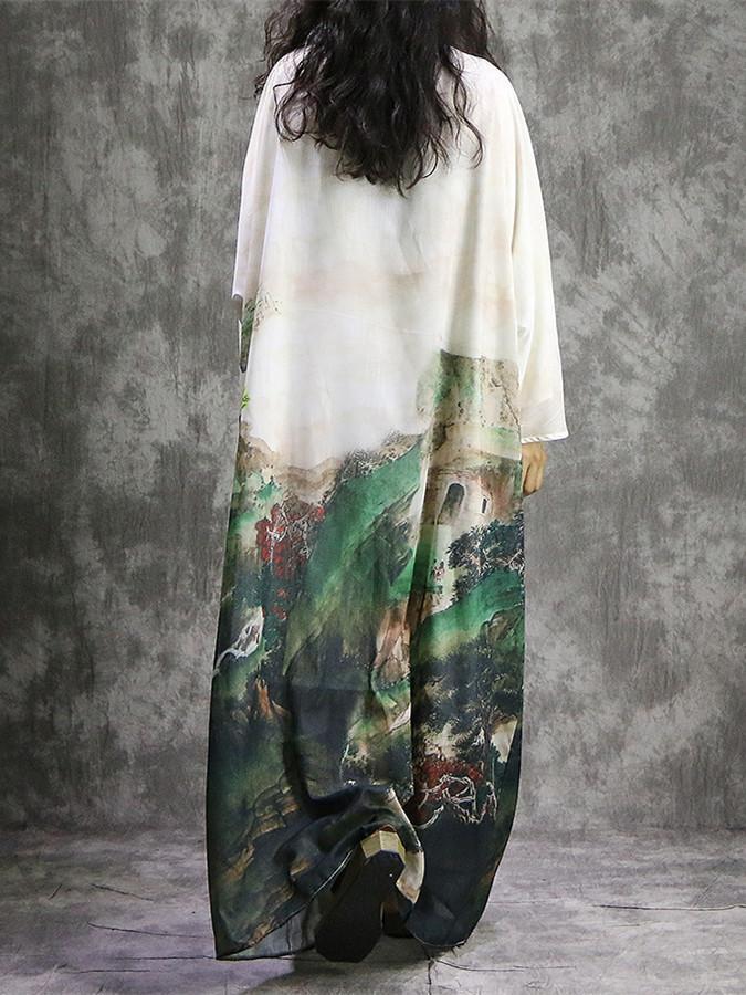 Print Plus Size Long Sleeve Loose Maxi Dress