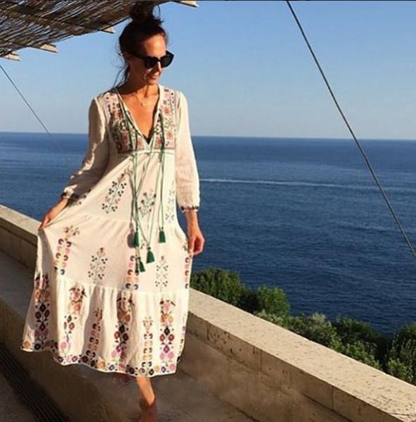 Print Long Sleeve Embroidered Bohemia Beach Maxi Dress