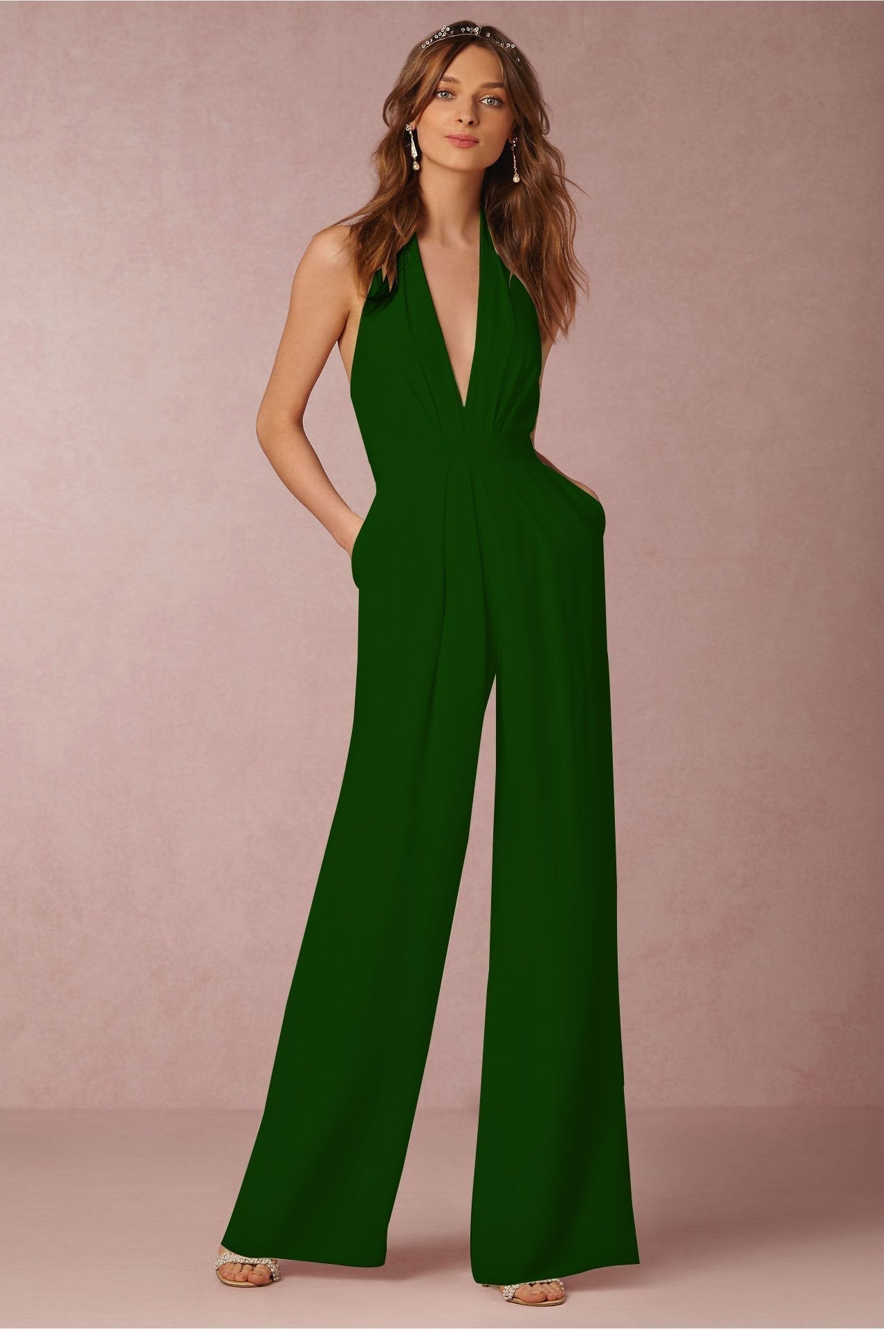 Solid Color Halter Wide Leg Pants Jumpsuit