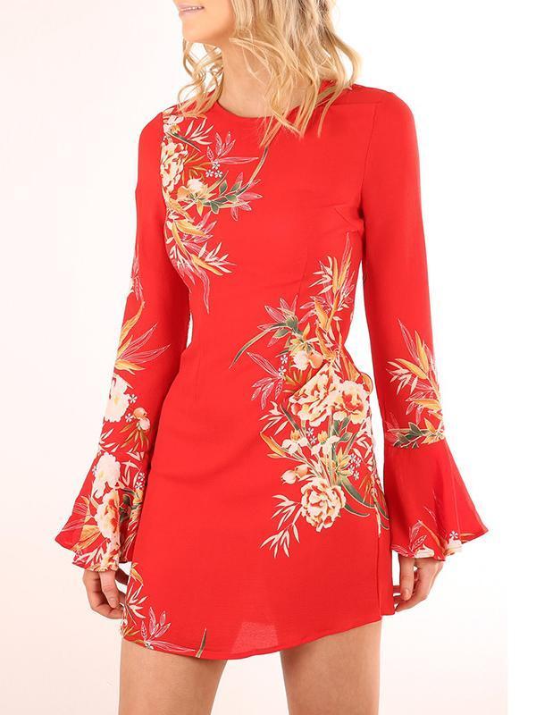 Leaves Print Flared Sleeves Bohemia Mini Dress