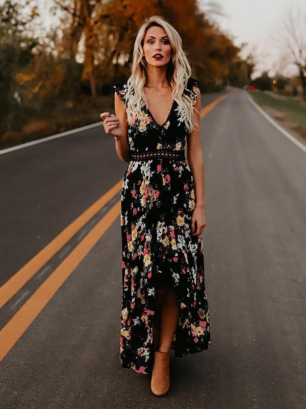 Floral Print V Neck Sleeveless High Waist Irregular Maxi Dress