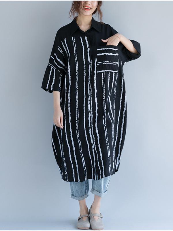 2018 Stripe Linen Cotton Loose Shirt Dress