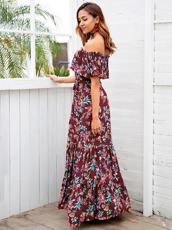 Floral Print Off Shoulder Beach Maxi Dress