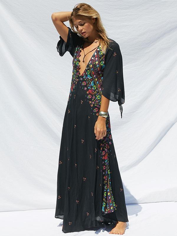 Print Deep V Neck Bohemia Beach Maxi Dress