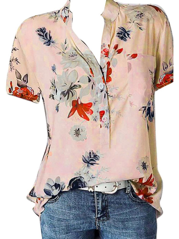 Fashion Women Blouses Printing Pocket Plus SizeShort Sleeve Tops