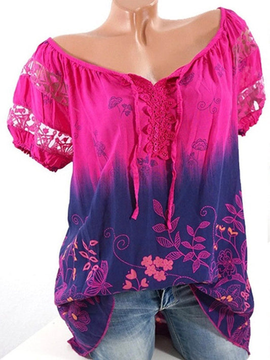 Womens Lace Blouses Summer Short Sleeve Tops Loose Shirt