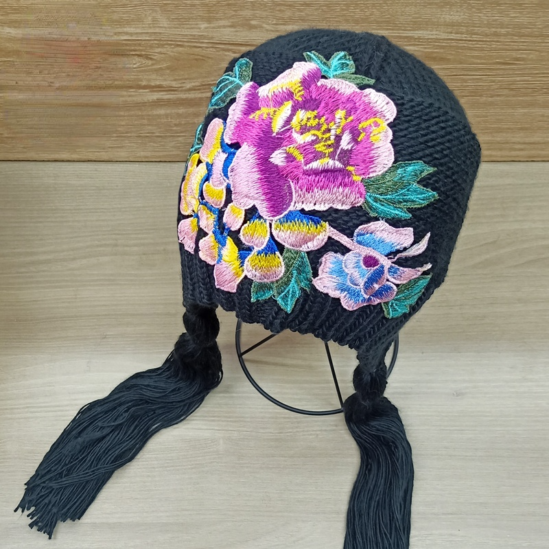 National embroidered women's fall and winter versatile thickened warm ear protection  wool hat knitting sweet and lovely