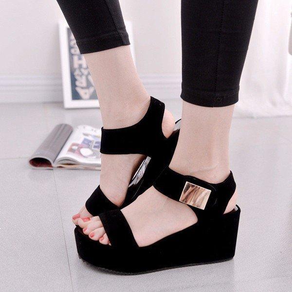 Black Pu Korean Style Metal Platform Hook Loop Peep Toe Gladiator Sandals