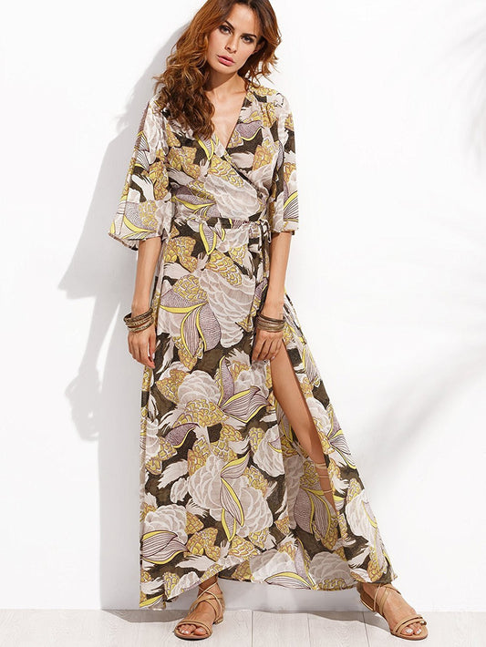 Button Up Split Floral Print Flowy Party Dress