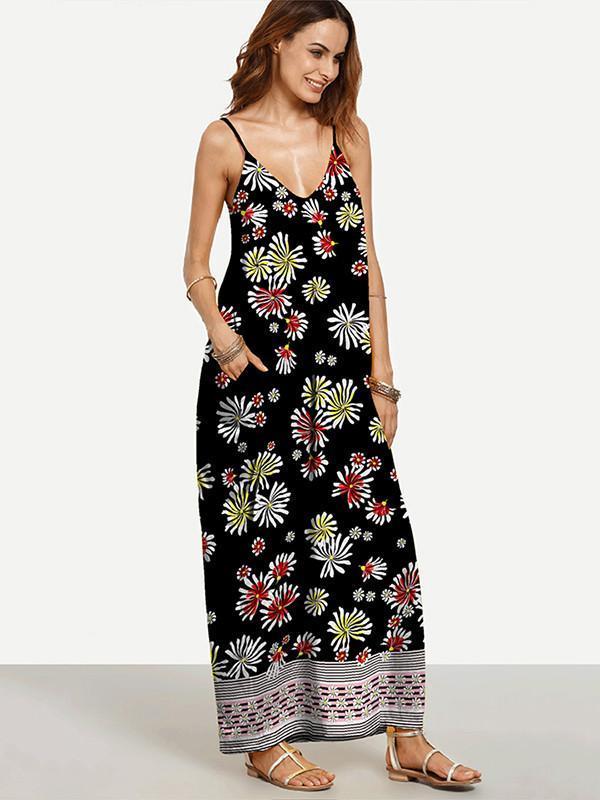 Pretty Black Floral Bohemia Spaghetti Straps V Neck Maxi Dress