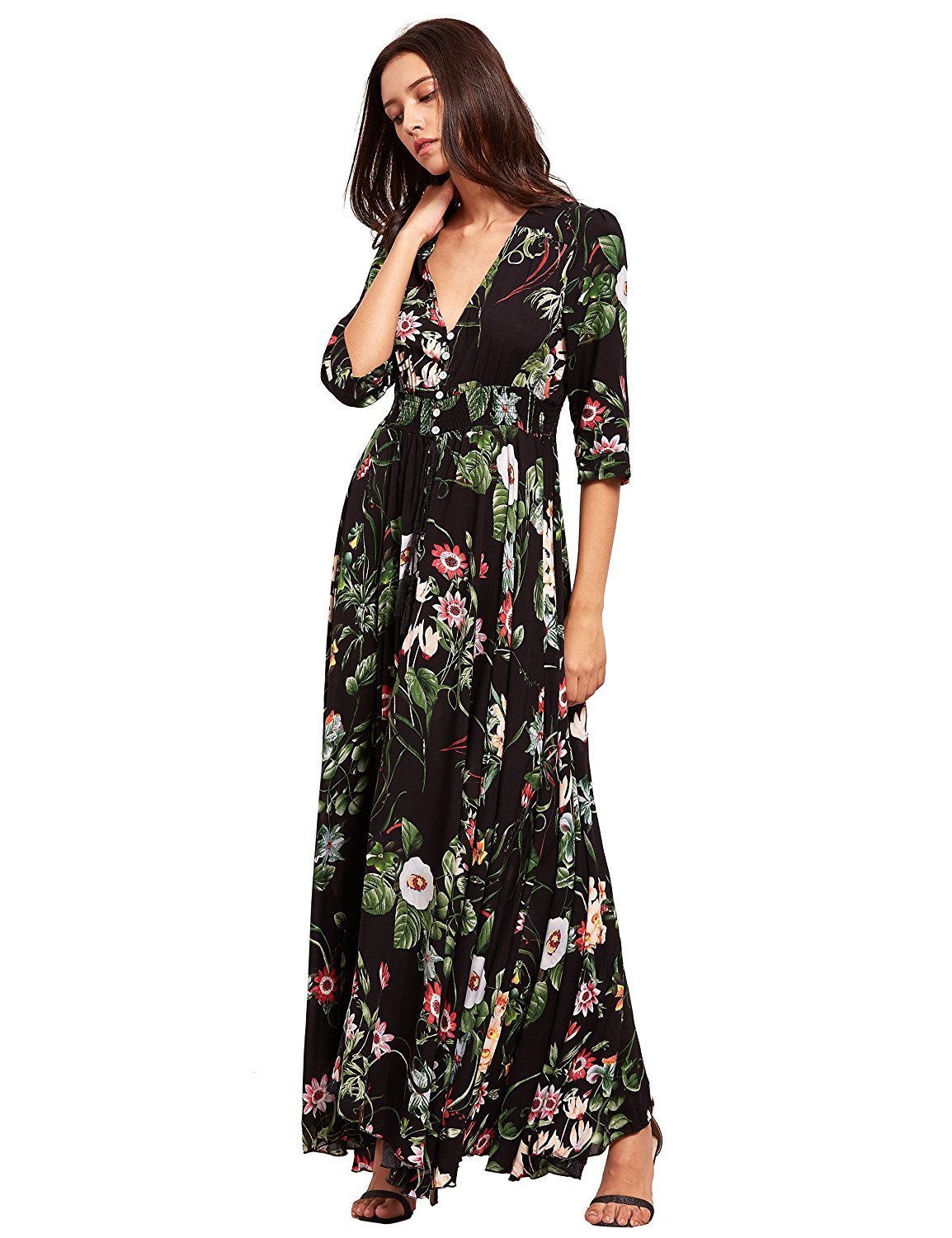 Button Up Split Floral Print Party Dress