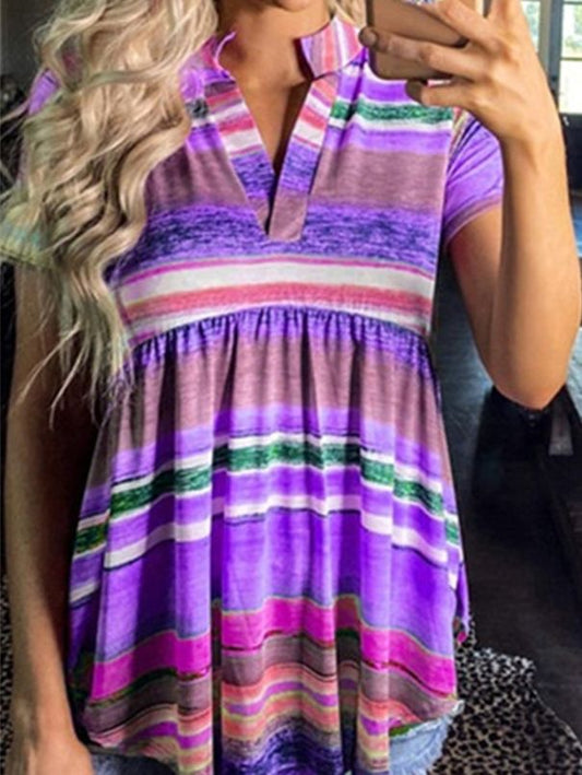 Summer Women's Rainbow Striped Gradient Short-sleeved T-shirt