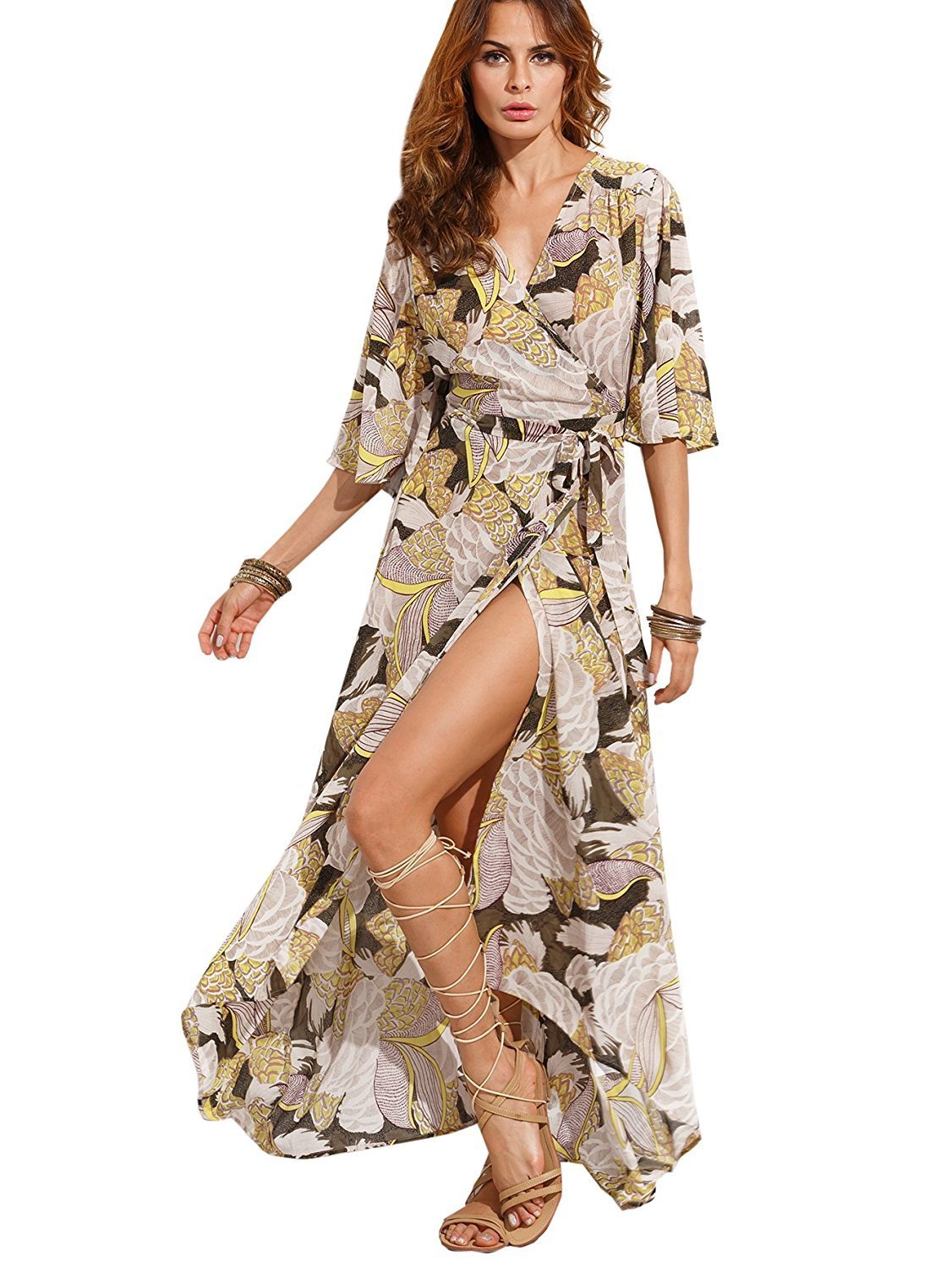 Button Up Split Floral Print Flowy Party Dress