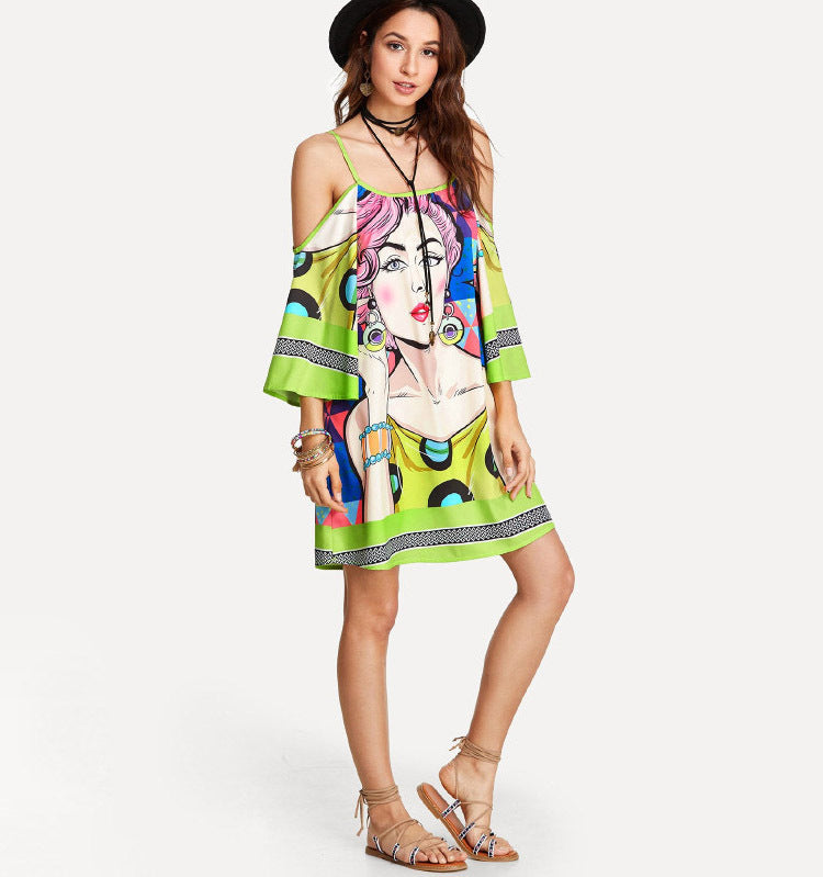 Boho Floral Print Off Shoulder Spaghetti Strap Beach Midi Dress