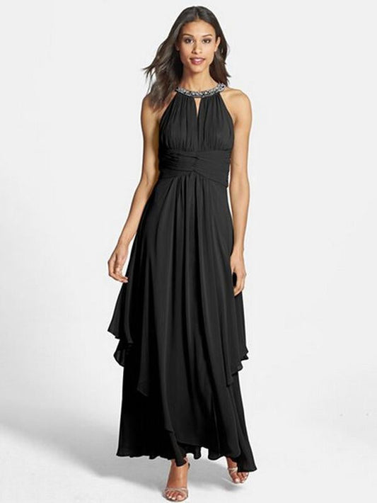 Chiffon Halterneck Beaded Sleeveless Maxi Dress